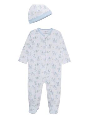 Little Me One-Piece Footie with Light Blue Trim & Hat dog print